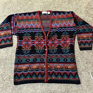 VINTAGE John Henry Wool Heavyweight Aztec Geometric Cardigan Sweater Button Up M